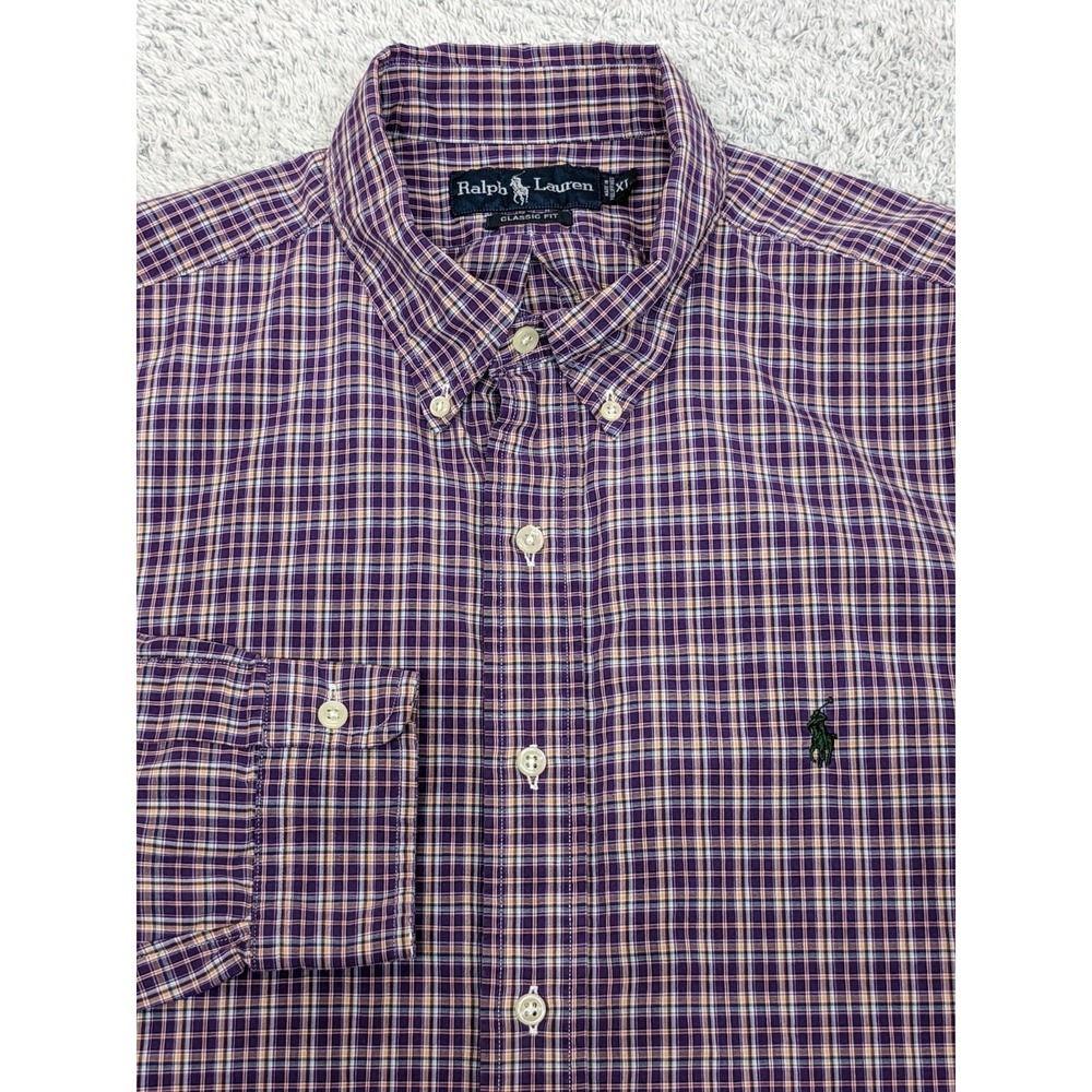 Vtg Ralph Lauren‎ Classic Fit Plaid Shirt Purple Check XL Green Pony Preppy